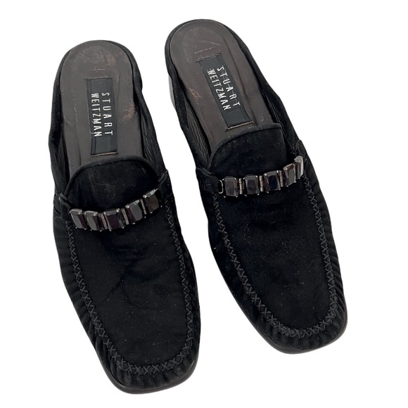 Stuart Weitzman Black Suede Genuine Leather Mules Loafers block heels 8.5 - Picture 3 of 10